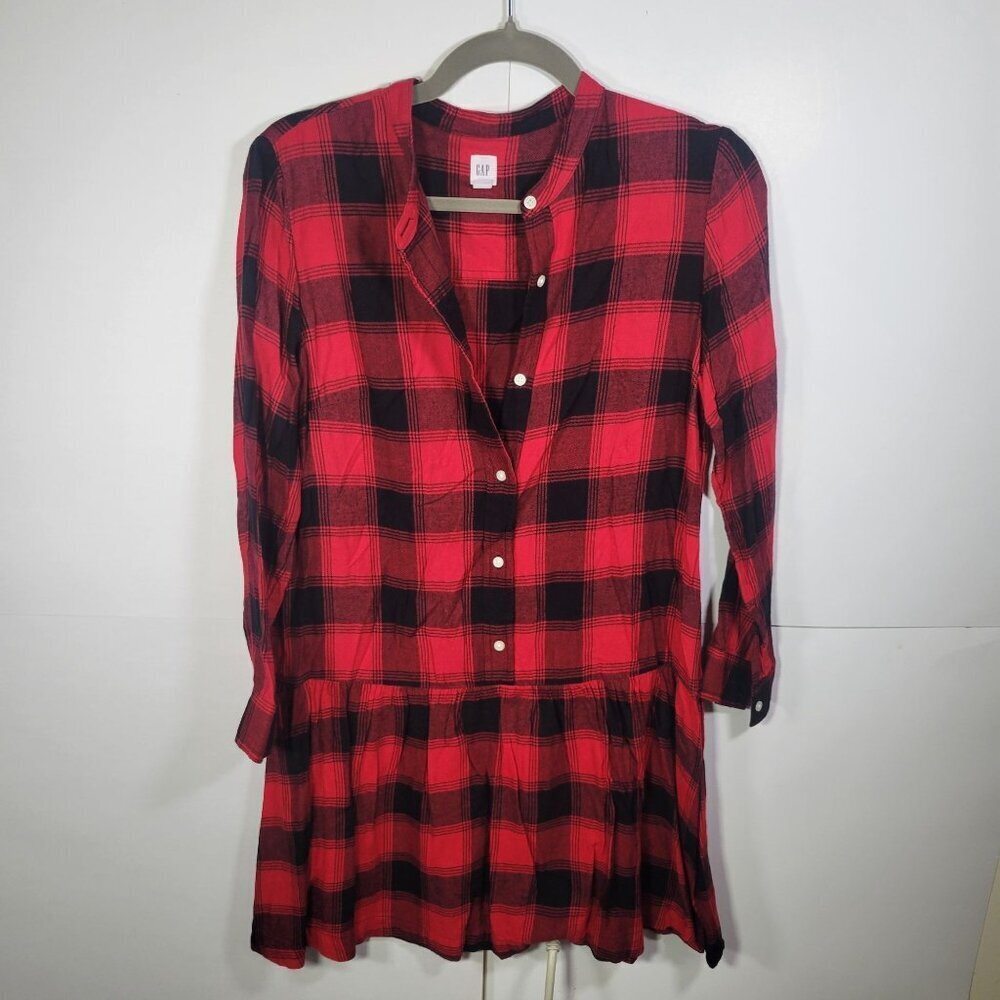 Gap Women Petite Red & Black Plaid Long Sleeve Peplum Tunic Dress Size S